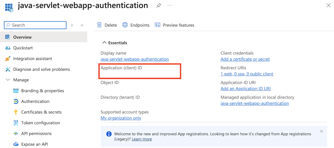 Snímek obrazovky se zvýrazněným ID aplikace zaregistrované v Microsoft Entra ID na webu Azure Portal