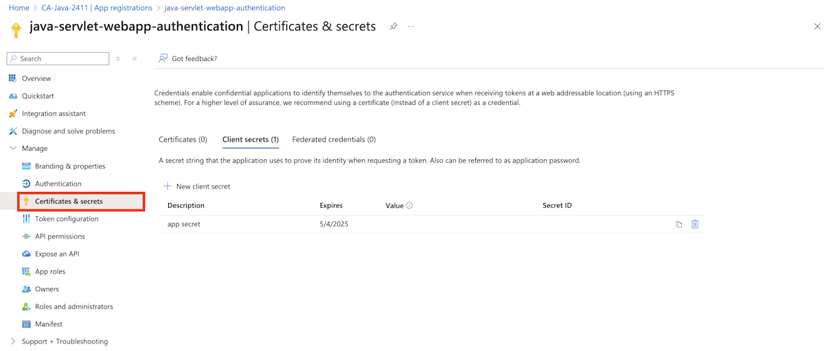 Snímek obrazovky se zvýrazněným oknem certifikáty a tajné kódy aplikace zaregistrované s ID Microsoft Entra na webu Azure Portal