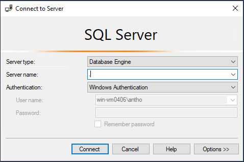 Snímek obrazovky, který ukazuje, jak se připojit k SQL Serveru 2019 v SSMS