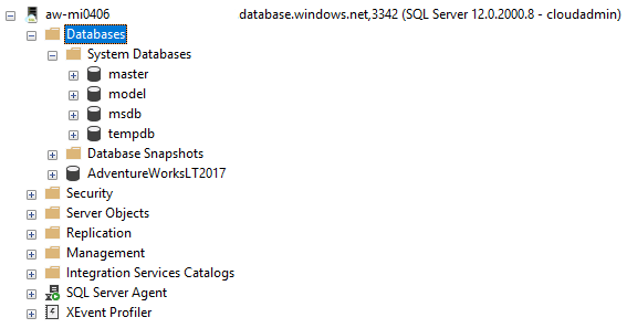 Snímek obrazovky zobrazení spravované instance v SSMS