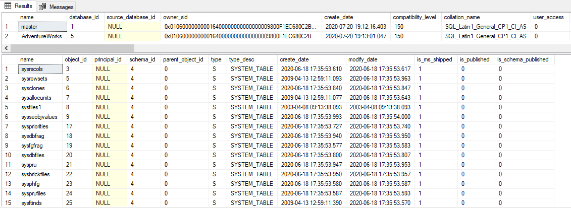 Snímek obrazovky výsledku dotazů sys.databases a sys.objects