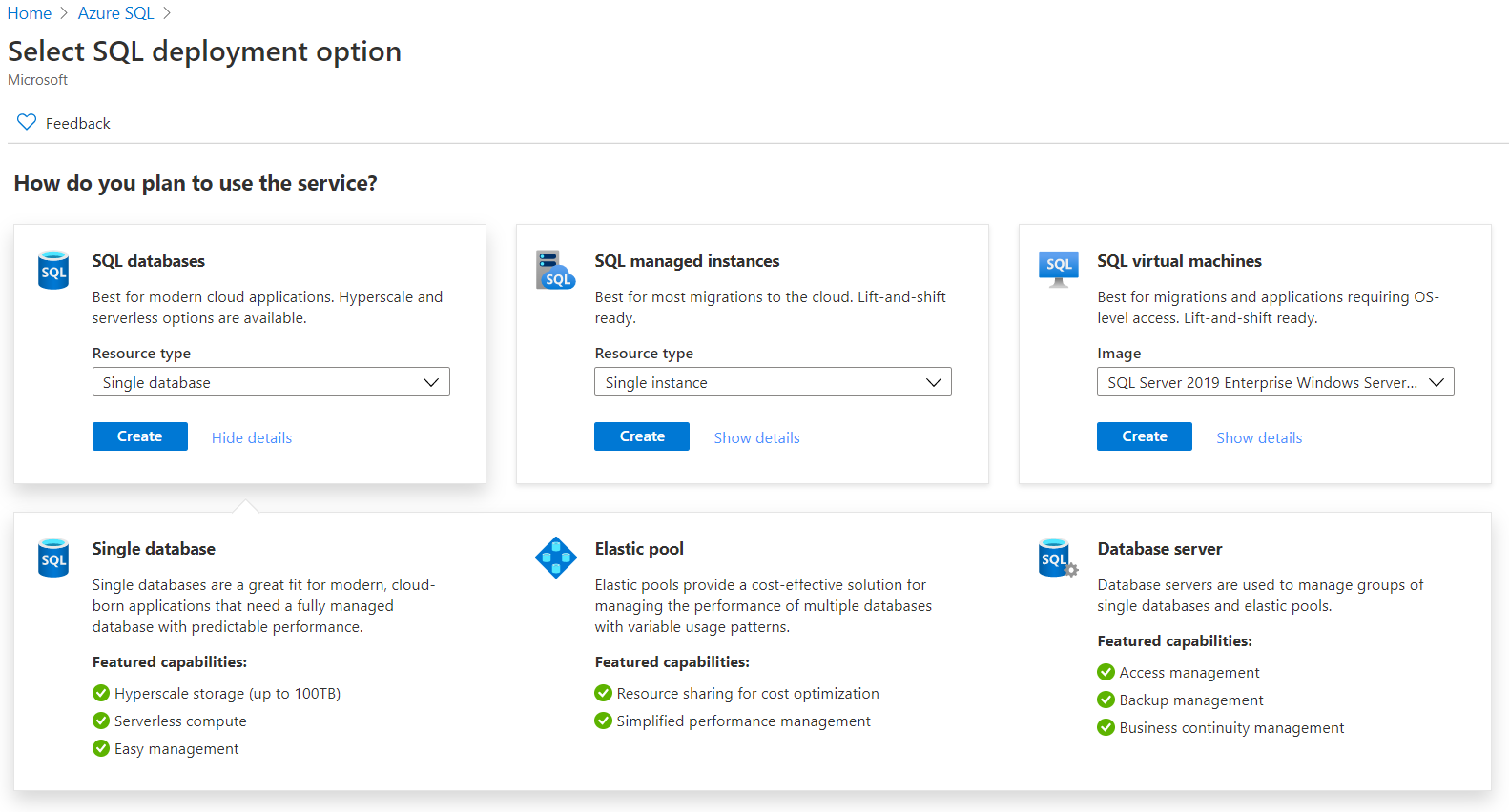 Snímek obrazovky s možnostmi nasazení Azure SQL na webu Azure Portal