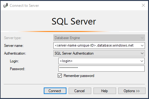 Snímek obrazovky s dialogovým oknem připojení ke službě SQL Database v nástroji SSMS