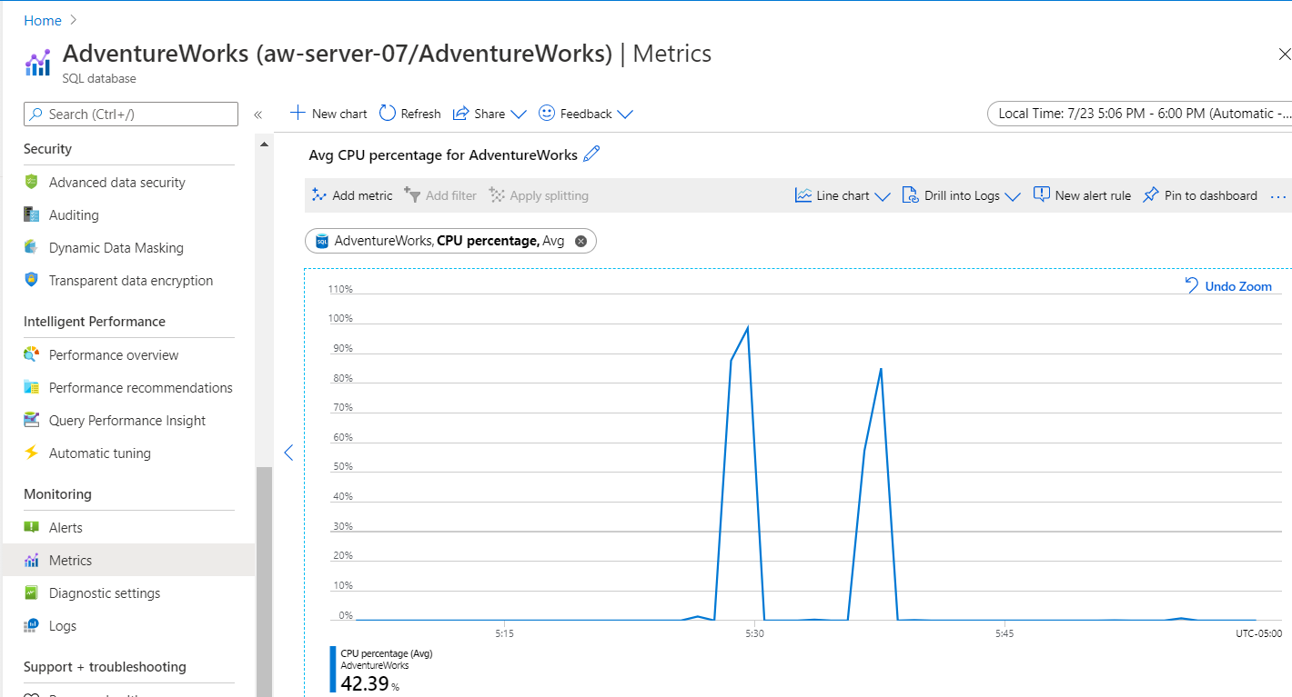 Snímek obrazovky s porovnáním dotazů na portálu Azure Portal