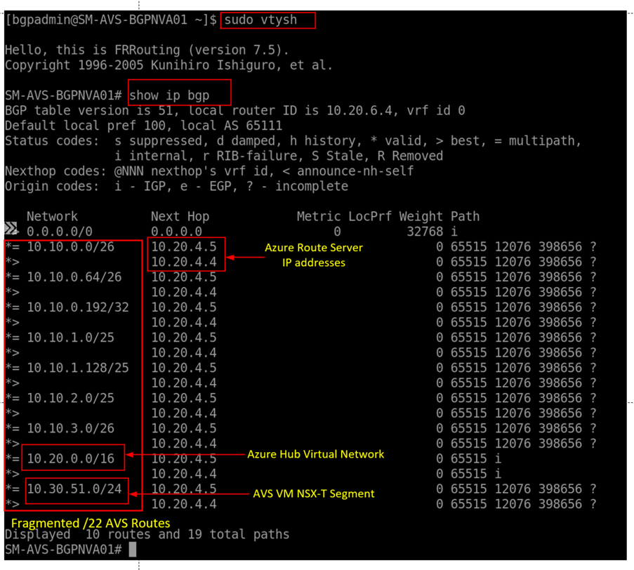 Snímek obrazovky s prováděním příkazů na virtuálním počítači síťového virtuálního zařízení Snímek obrazovky ukazuje Azure Route Server jako další segment směrování pro síť AVS.