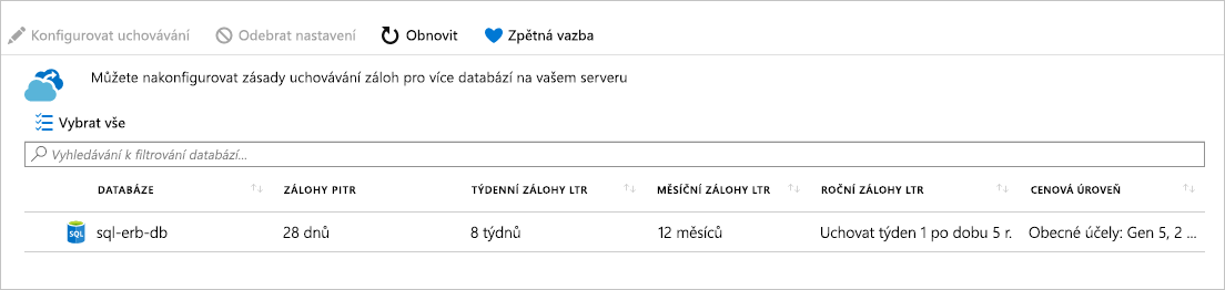 Snímek obrazovky s vyplněným nastavením zásad pro dlouhodobé uchovávání informací