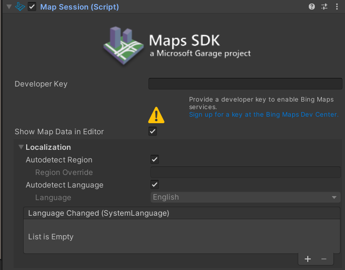 Screenshot of the Bing Maps Design prefab with the map session script selected.