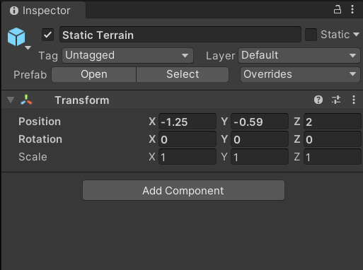 Screenshot of the Unity inspector with the static terrain prefab selected and the transform component in view.