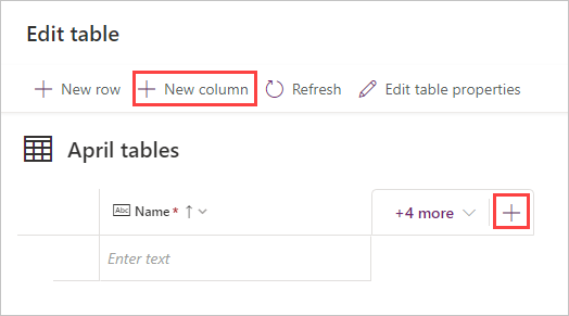 Screenshot of Edit table screen with highlights on the New column buttons.