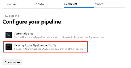 Snímek obrazovky znázorňující zvýrazněnou možnost Existující soubor YAML služby Azure Pipelines