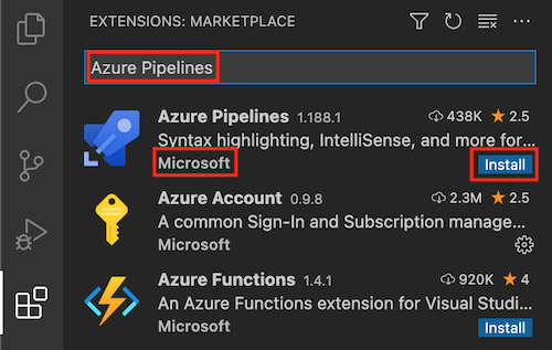 Snímek obrazovky s nabídkou Rozšíření editoru Visual Studio Code s rozšířením Azure Pipelines od Microsoftu a zvýrazněným tlačítkem Nainstalovat