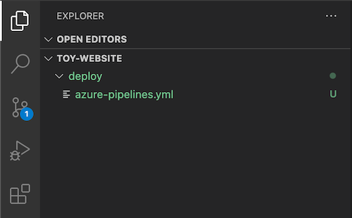 Snímek obrazovky Průzkumníka editoru Visual Studio Code zobrazující složku nasazení a soubor azure-pipelines dot Y M L, který byl právě vytvořen