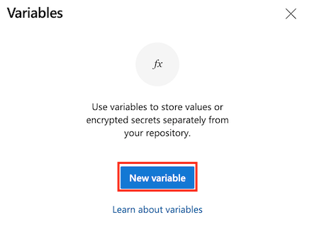Snímek obrazovky Azure DevOps s editorem proměnných kanálu se zvýrazněným tlačítkem Nová proměnná
