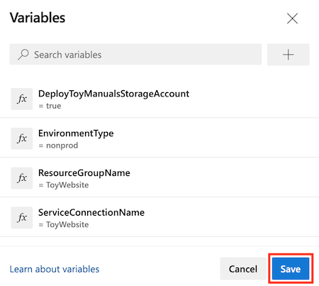 Snímek obrazovky Azure DevOps s editorem proměnných kanálu se zvýrazněným tlačítkem Uložit