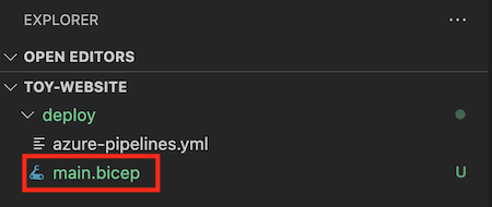 Snímek obrazovky s Průzkumníkem editoru Visual Studio Code se zvýrazněným hlavním souborem bicep a umístěným ve složce nasazení