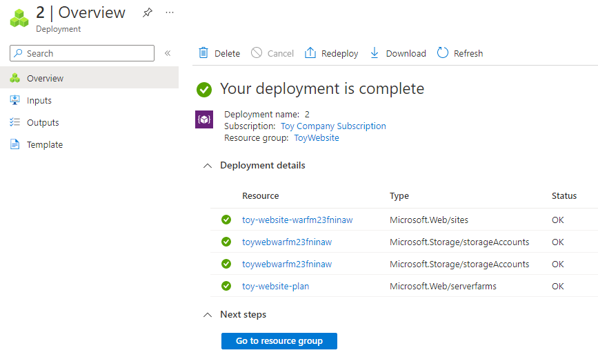 Screenshot of the Azure portal that shows the resource group deployment details, with the App Service resources highlighted.