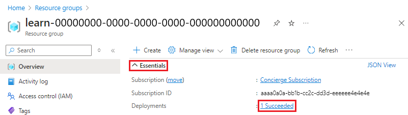 Snímek obrazovky s rozhraním webu Azure Portal pro přehled skupiny prostředků s oddílem nasazení, který ukazuje, že jedno bylo úspěšné