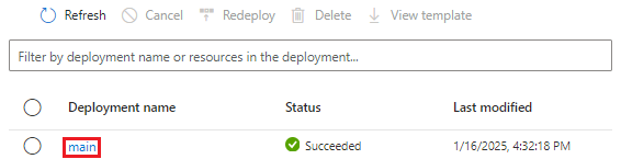 Snímek obrazovky s rozhraním webu Azure Portal pro nasazení se seznamem nasazení a úspěšným stavem