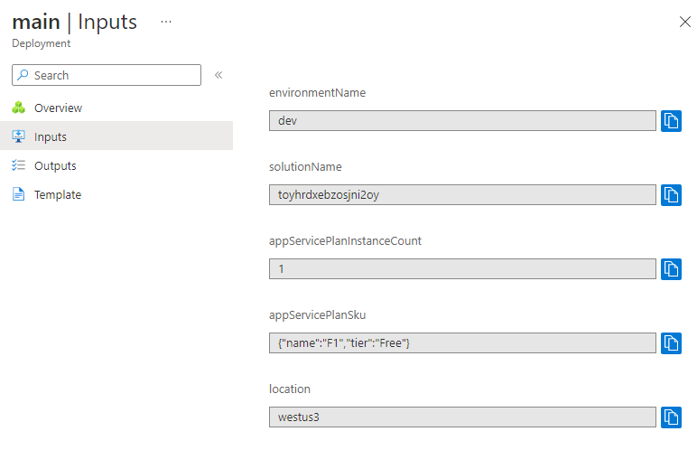 Snímek obrazovky s rozhraním webu Azure Portal pro konkrétní nasazení zobrazující hodnoty parametrů