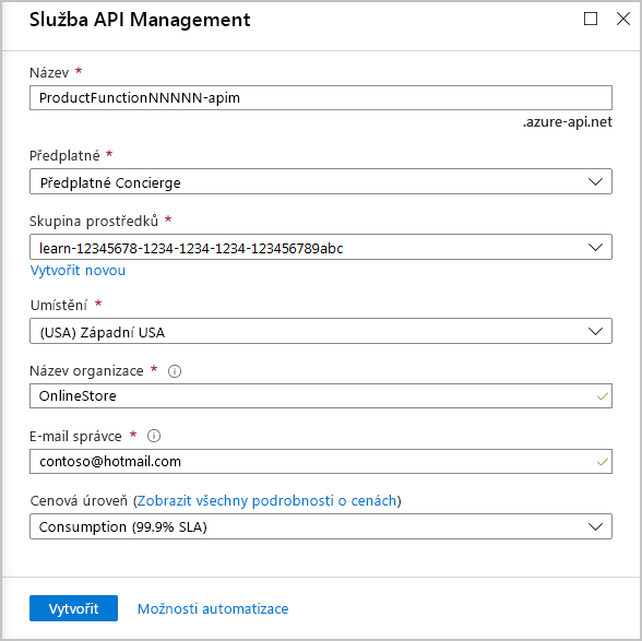 Snímek obrazovky znázorňující nastavení služby API Management