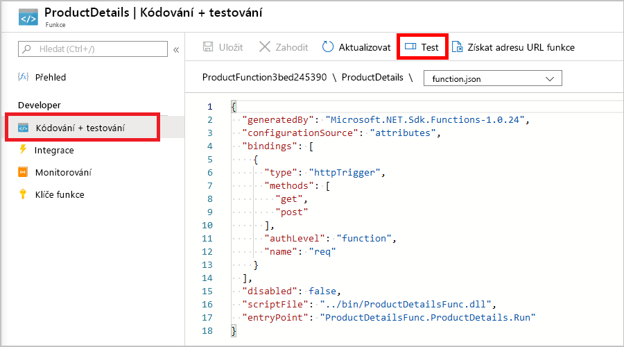 Snímek obrazovky s podoknem Kód ProductDetails a Test a vybranou možností Test/Spustit na panelu příkazů