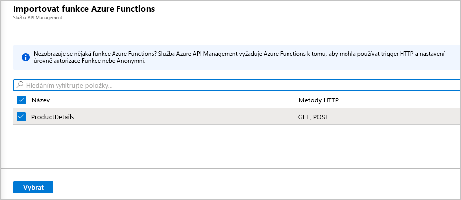 Snímek obrazovky znázorňující podokno služby Importovat službu API Management služby Azure Functions