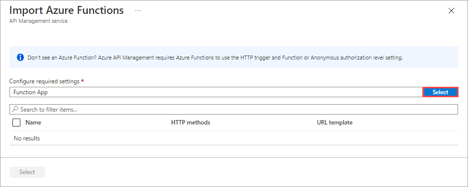 Snímek obrazovky s dialogovým oknem Importovat azure Functions s polem Konfigurovat požadovaná nastavení a zvýrazněným tlačítkem Vybrat