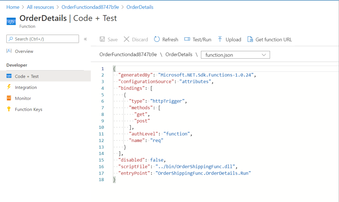 OrderDetails JSON code, with Code + Test v nabídce a Test/Run in command bar highlighted.