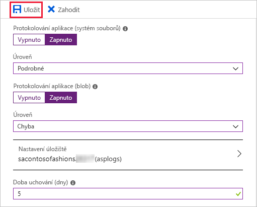 Snímek obrazovky s konfigurací protokolů aplikace na webu Azure Portal se zvýrazněnou možností Uložit