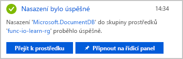 Snímek obrazovky s oznámením, že se dokončilo nasazení účtu databáze