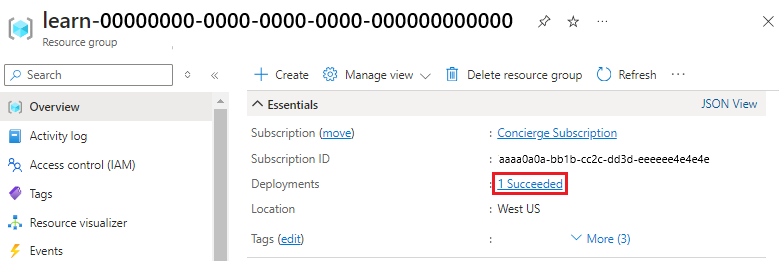 Snímek obrazovky s rozhraním webu Azure Portal pro přehled skupiny prostředků s oddílem nasazení, který ukazuje, že jedno bylo úspěšné