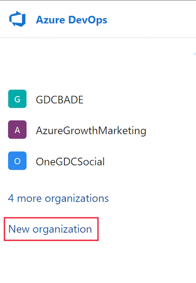 snímek obrazovky ukazující, jak vytvořit novou organizaci v Azure DevOps