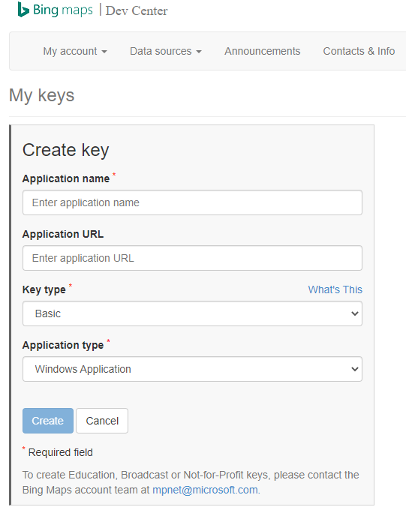 Snímek obrazovky s portálem Dev Center pro mapy Bing a vybranou stránkou Moje klíče zobrazující pole vlastností vytvořit klíč