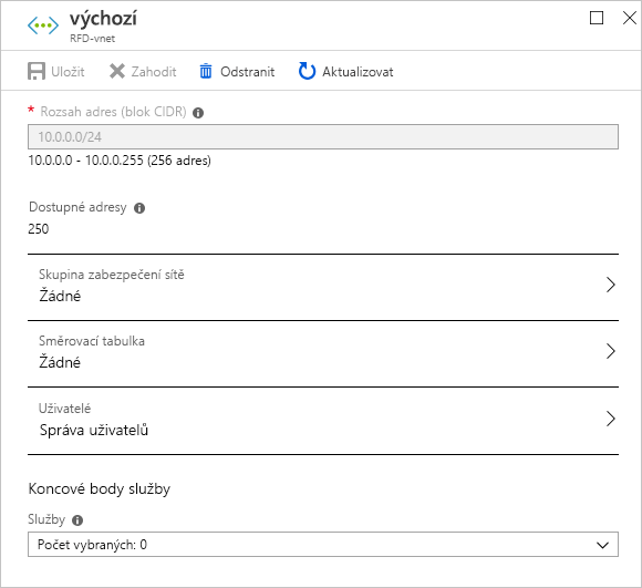 snímek obrazovky webu Azure Portal znázorňující ukázkové podokno pro úpravu nastavení virtuální sítě