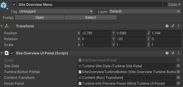 Snímek obrazovky editoru Unity s předfabem uživatelského rozhraní v uživatelském rozhraní operace v hlavní scéně s prefabem uživatelského rozhraní blíže k terénu