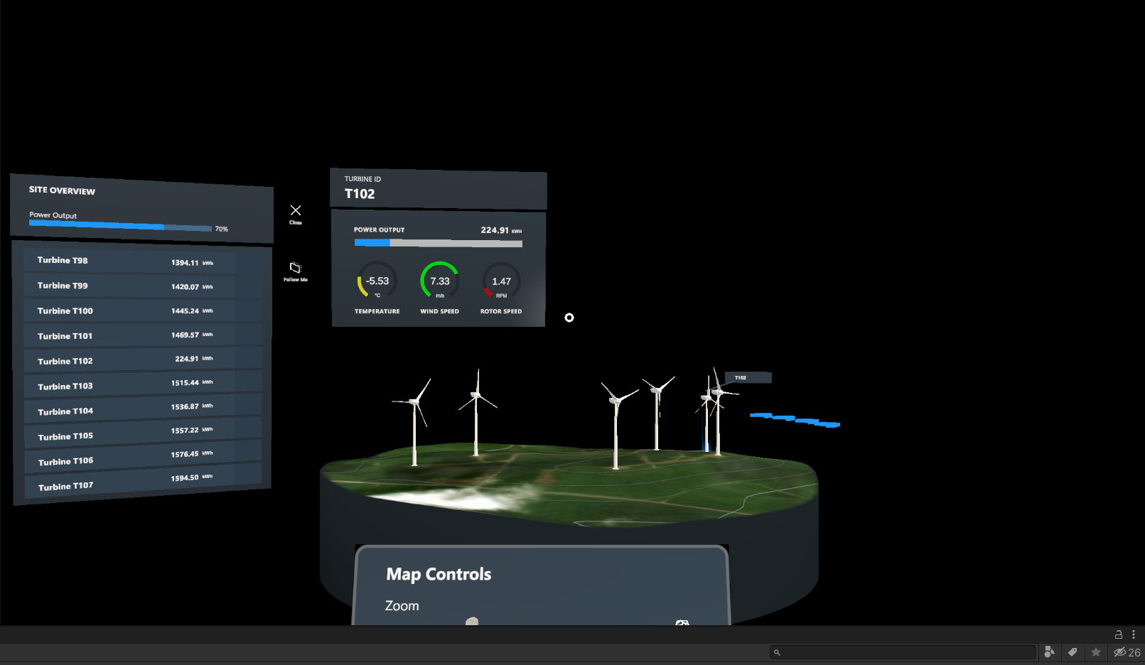 Snímek obrazovky editoru Unity v režimu přehrávání se spuštěným simulátorem zařízení a aktualizovanými daty turbíny