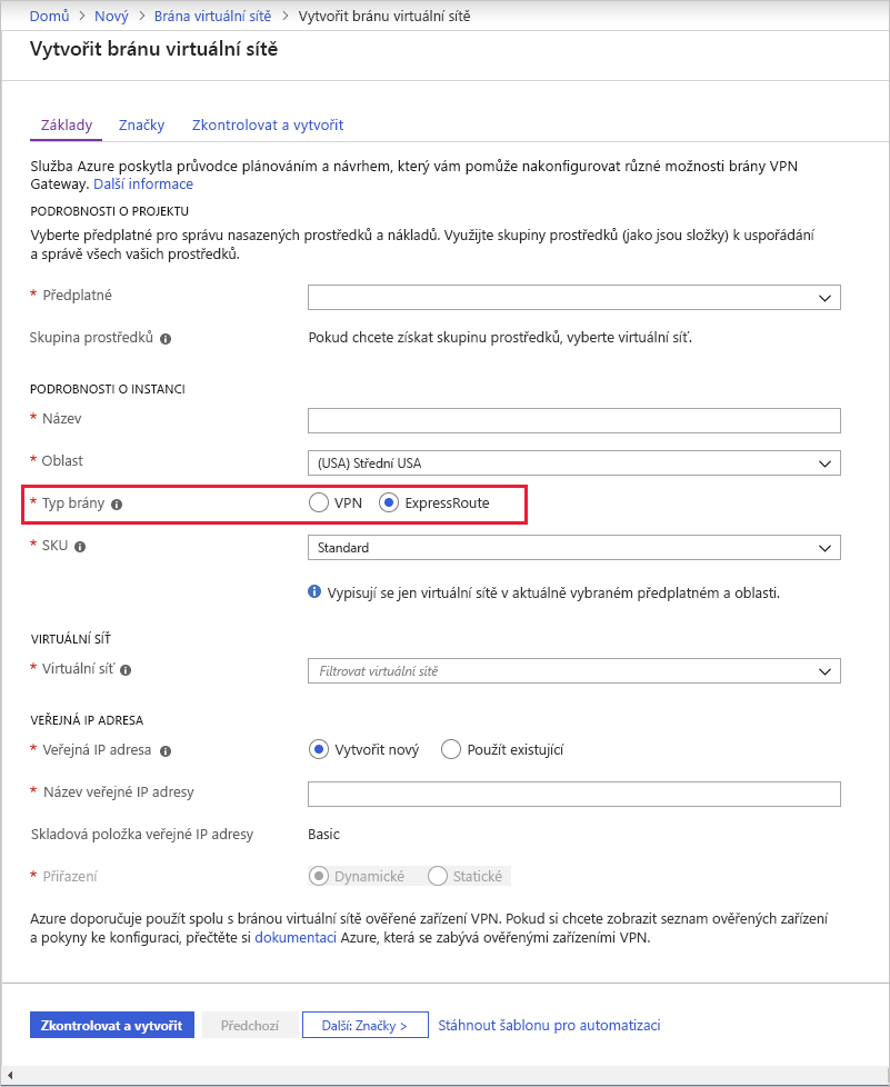 Screenshot of creating a virtual network gateway with the gateway type set to ExpressRoute.