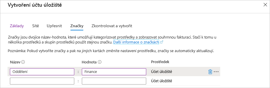 Snímek obrazovky webu Azure Portal znázorňující novou značku Oddělení, která se má přidat při vytváření