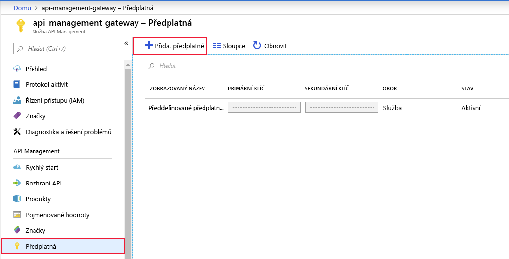 Snímek obrazovky znázorňující, jak přidat nové předplatné