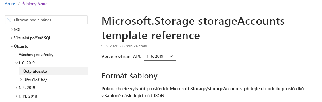 Snímek obrazovky se stránkou dokumentace Microsoftu zobrazující vybranou dokumentaci k účtu úložiště