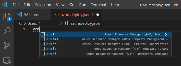 Soubor azuredeploy.json v editoru Visual Studio Code s volbami fragmentů pro šablony Azure Resource Manageru.