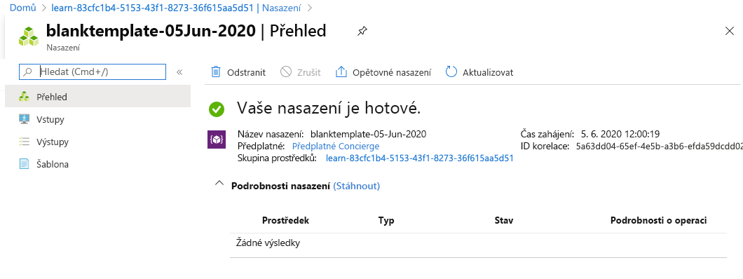 Rozhraní portálu Azure Portal pro konkrétní nasazení bez prostředků