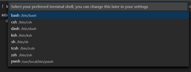 Snímek obrazovky okna terminálu editoru Visual Studio Code s rozevíracím seznamem pro výběr prostředí