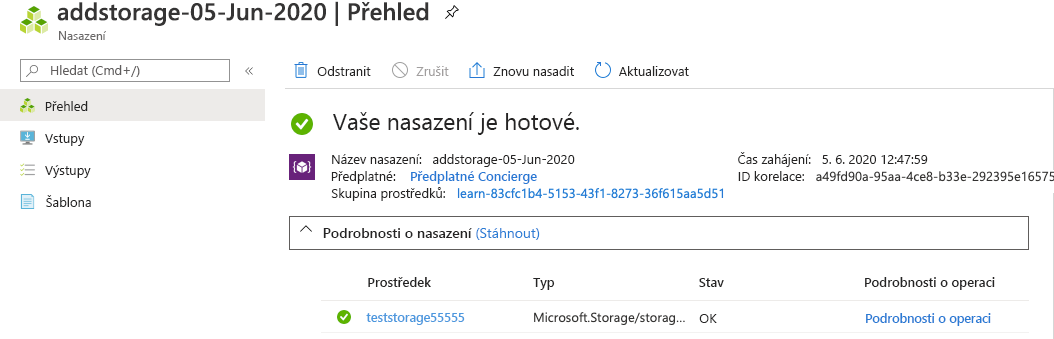 Snímek obrazovky s rozhraním webu Azure Portal pro konkrétní nasazení s jedním uvedeným prostředkem