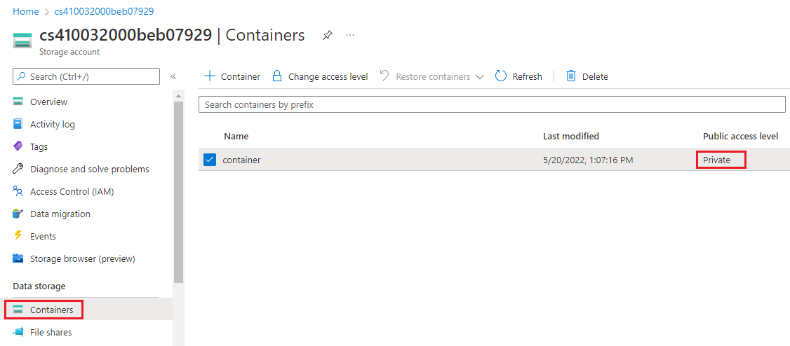 Snímek obrazovky znázorňující kontejner úložiště s úrovní přístupu nastavenou na privátní