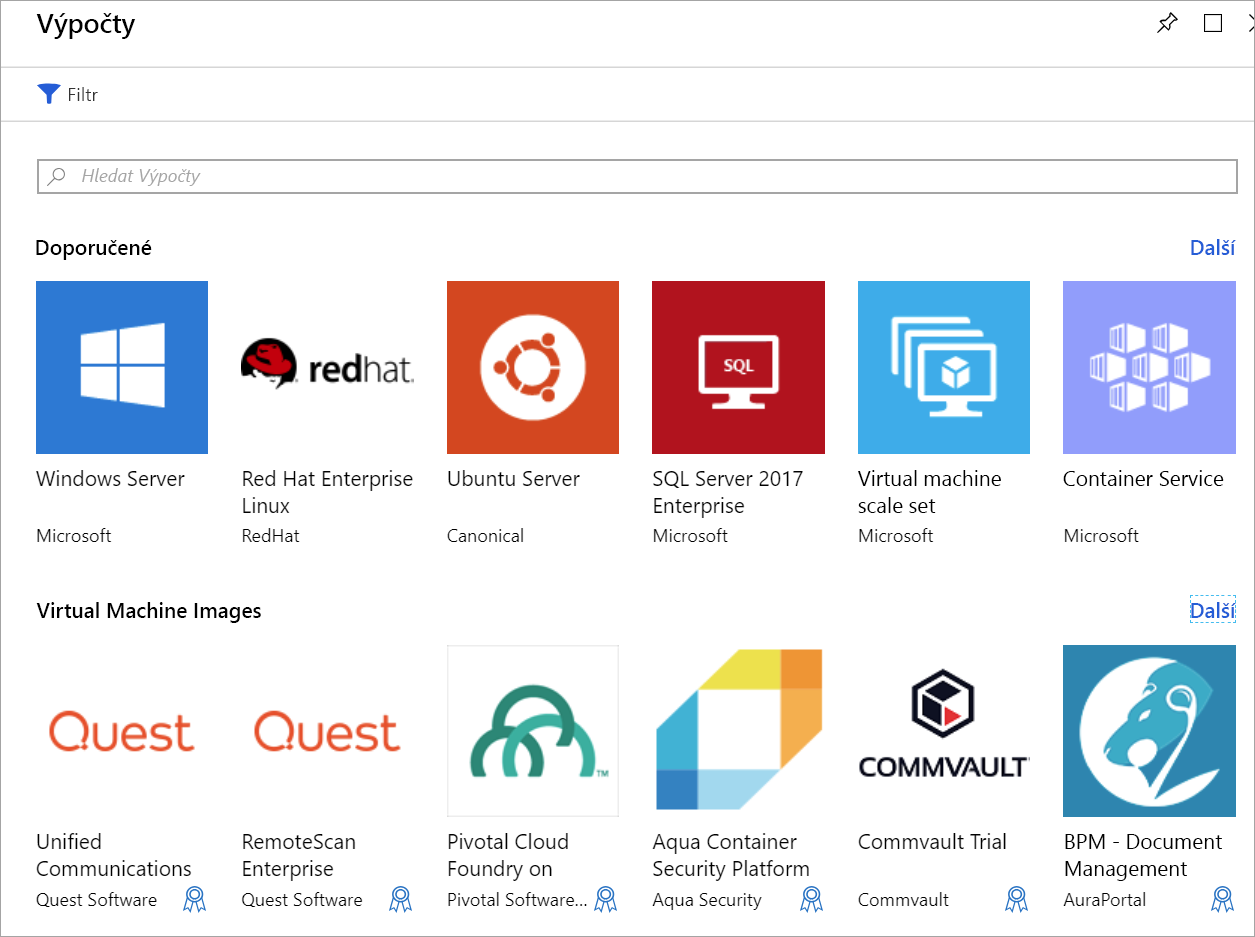 Snímek obrazovky se seznamem virtuálních počítačů na webu Azure Marketplace