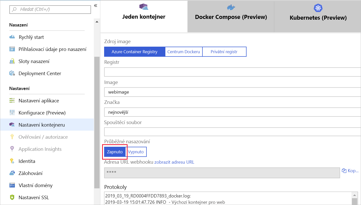 Snímek obrazovky znázorňující nastavení kontejneru pro webovou aplikaci s povoleným průběžným nasazováním
