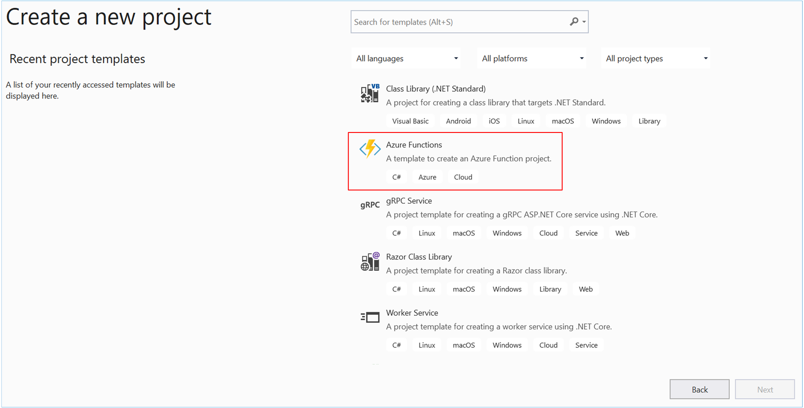 Snímek obrazovky sady Visual Studio 2022 – Vytvoření nové stránky projektu se zvýrazněnou šablonou Azure Functions