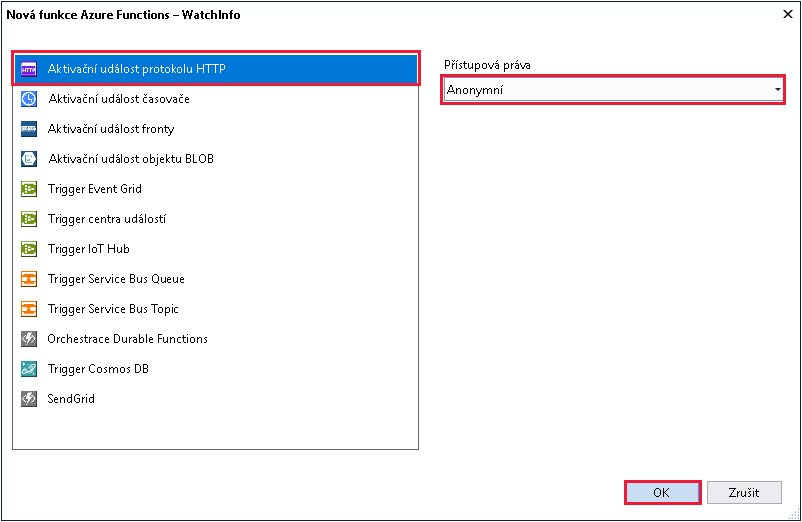 Snímek obrazovky s oknem Nová funkce Azure Je vybrán trigger HTTP s anonymními přístupovými právy.