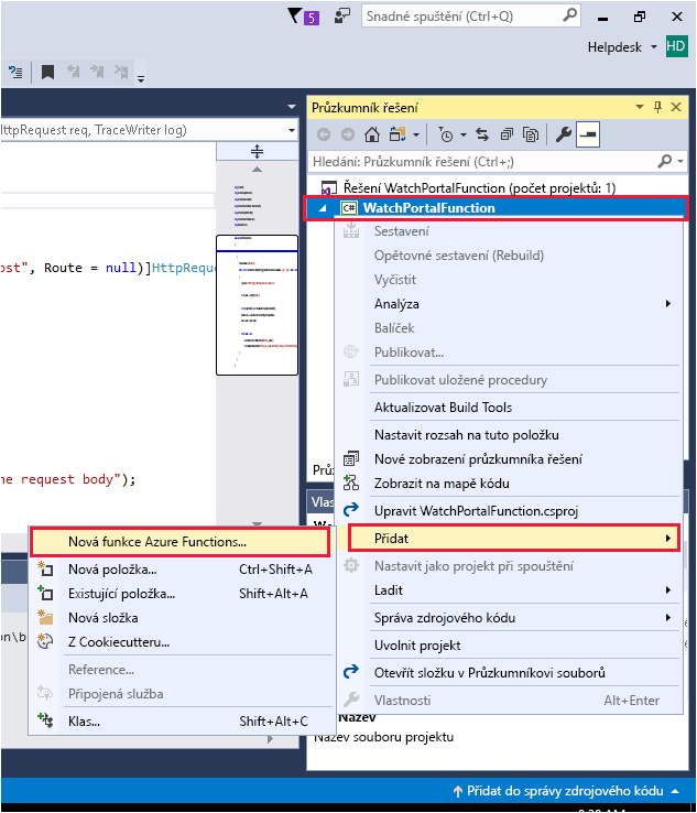 Snímek obrazovky s oknem Průzkumník řešení Uživatel vybral možnost Přidat –> nová funkce Azure Functions.